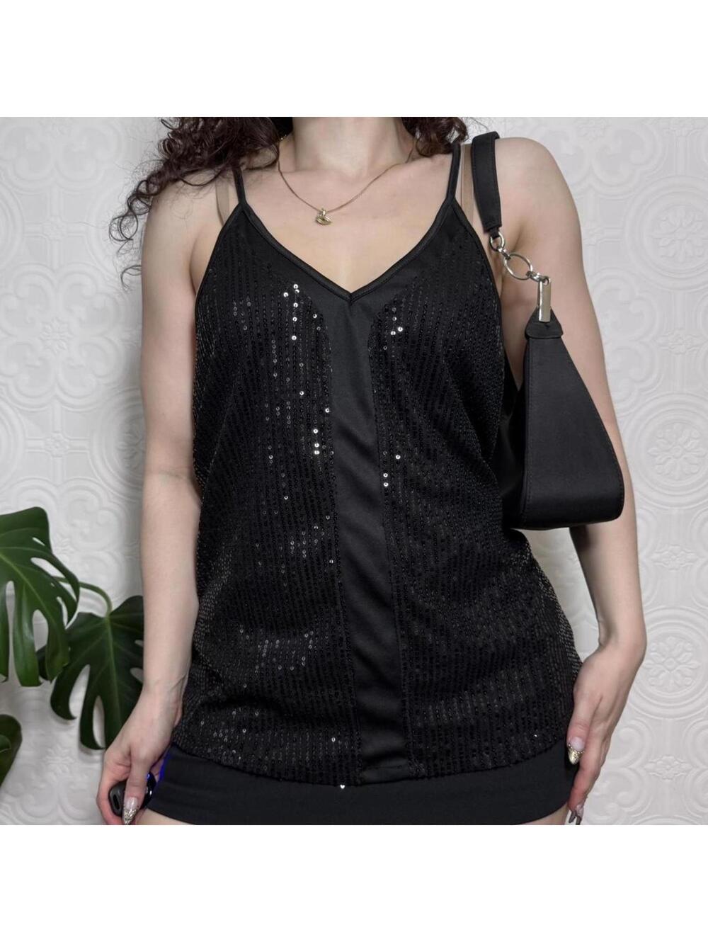 Y2K Black Sequin Tank Top Womens Medium